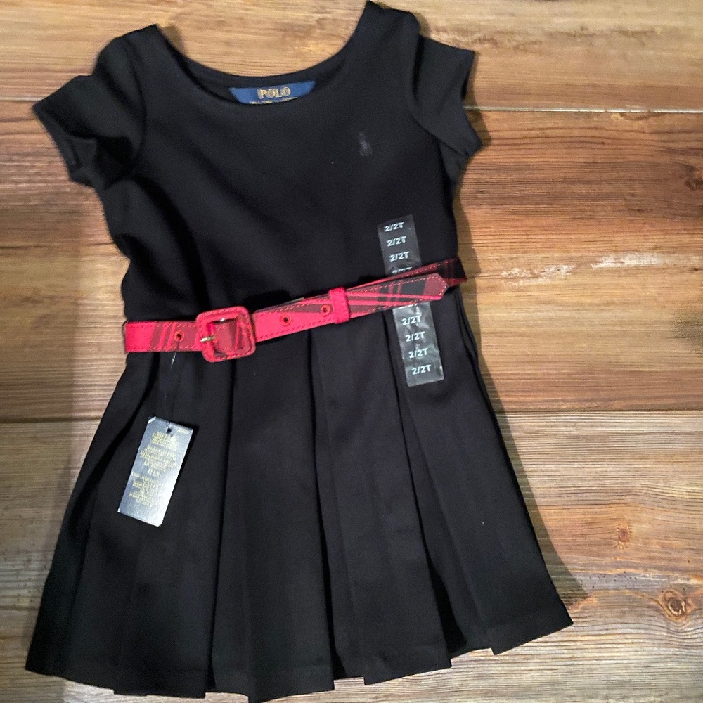 Girl's Polo Ralph Lauren Kids Belted Cotton Black Holiday Dress  (Little Kids)